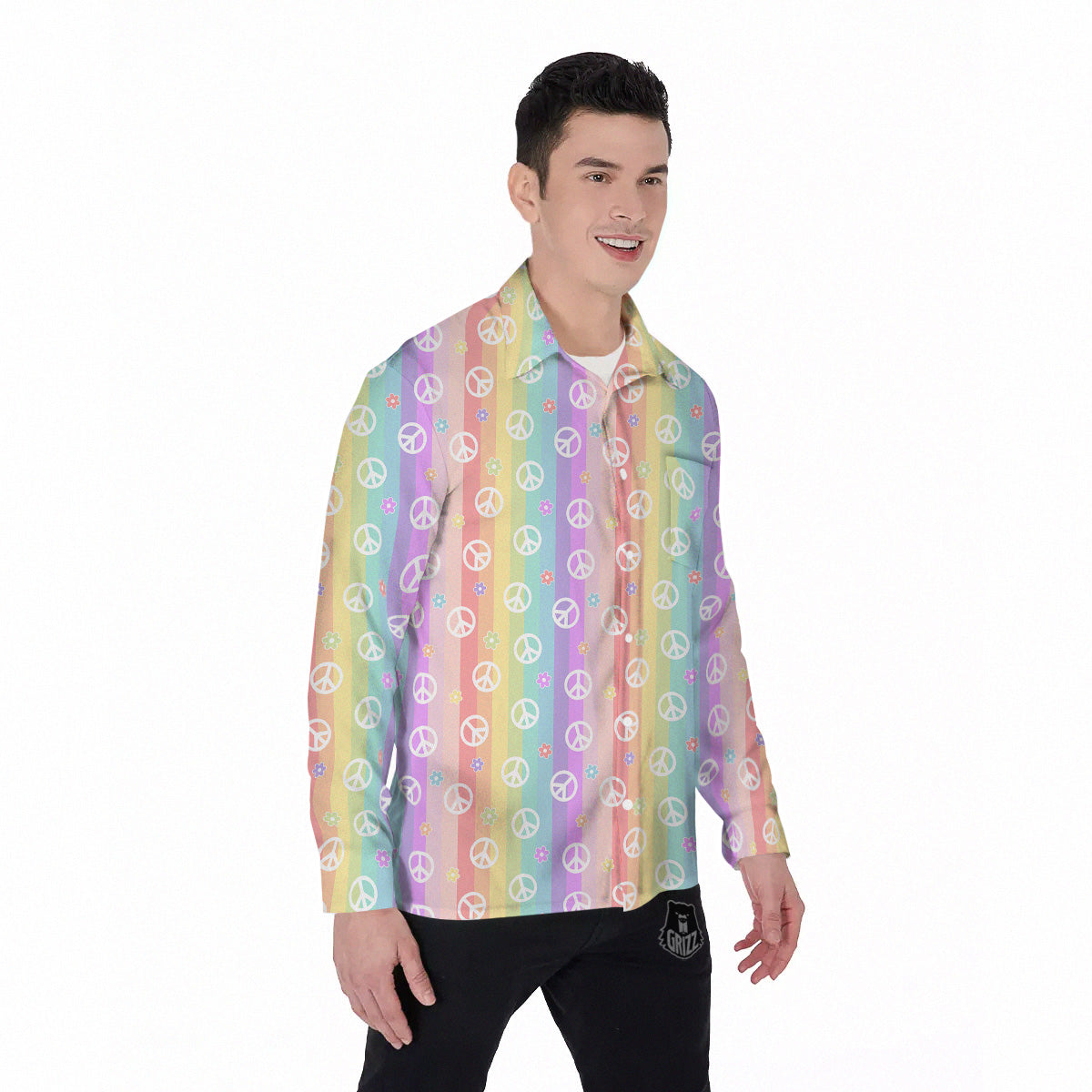 Cute Peace Symbol And Daisy Print Pattern Men's Long Sleeve Shirts-grizzshop