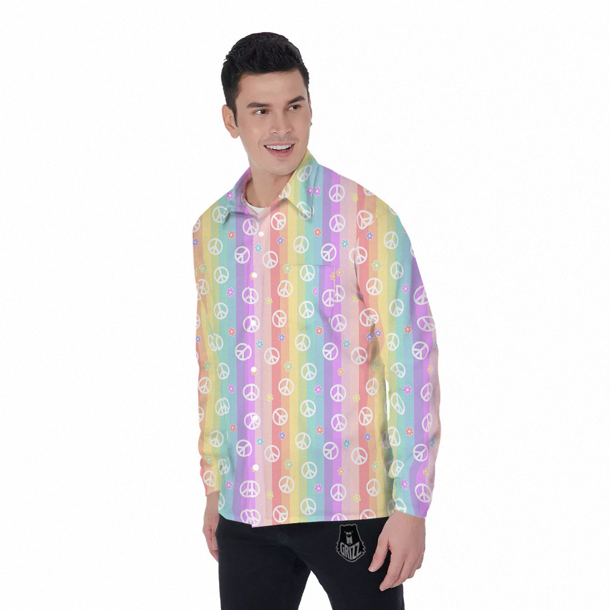 Cute Peace Symbol And Daisy Print Pattern Men's Long Sleeve Shirts-grizzshop