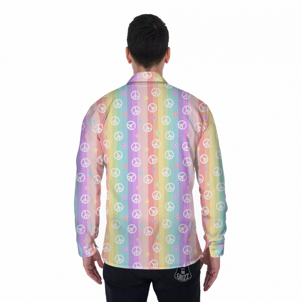 Cute Peace Symbol And Daisy Print Pattern Men's Long Sleeve Shirts-grizzshop