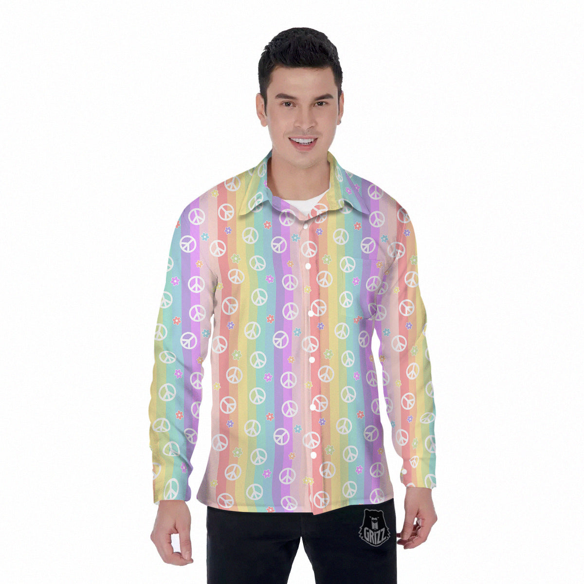 Cute Peace Symbol And Daisy Print Pattern Men's Long Sleeve Shirts-grizzshop