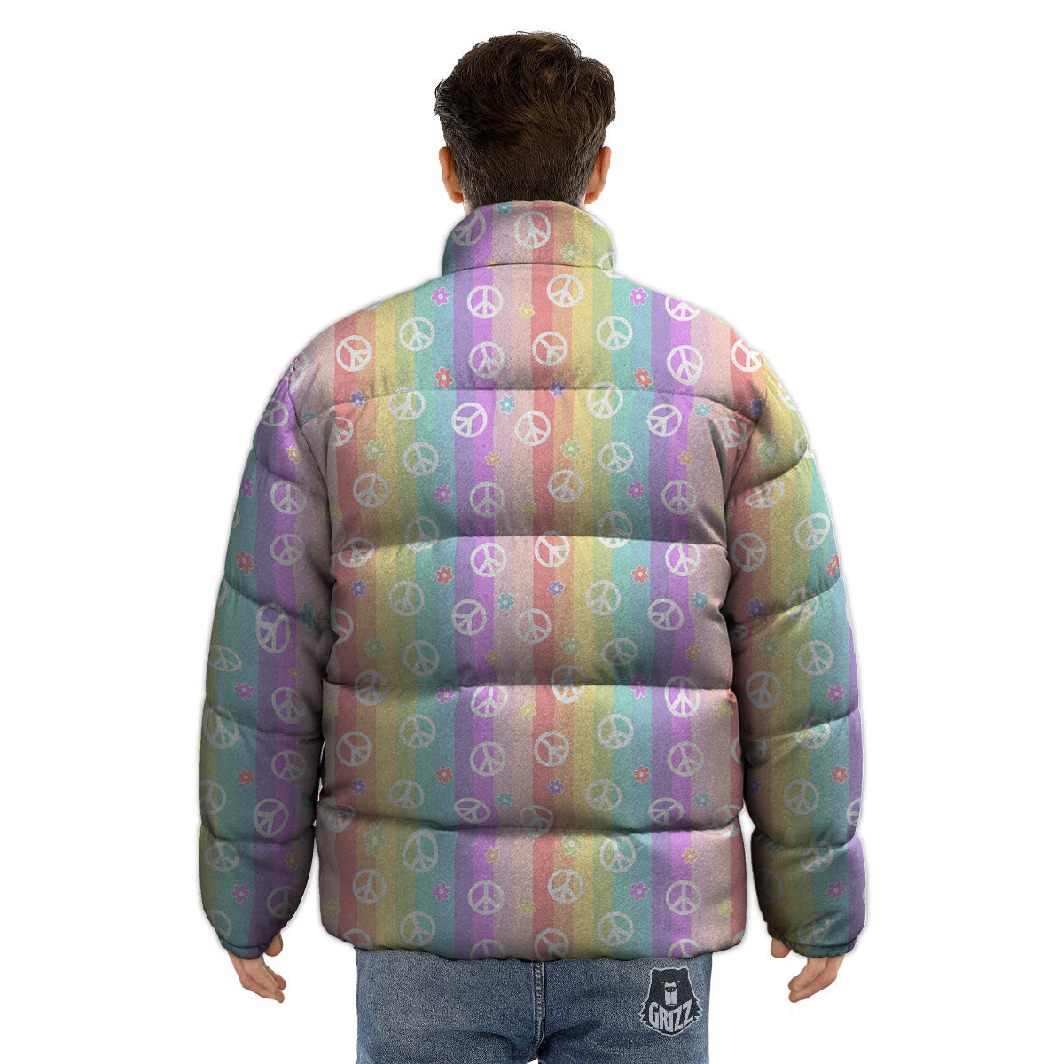 Cute Peace Symbol And Daisy Print Pattern Puffer Jacket-grizzshop