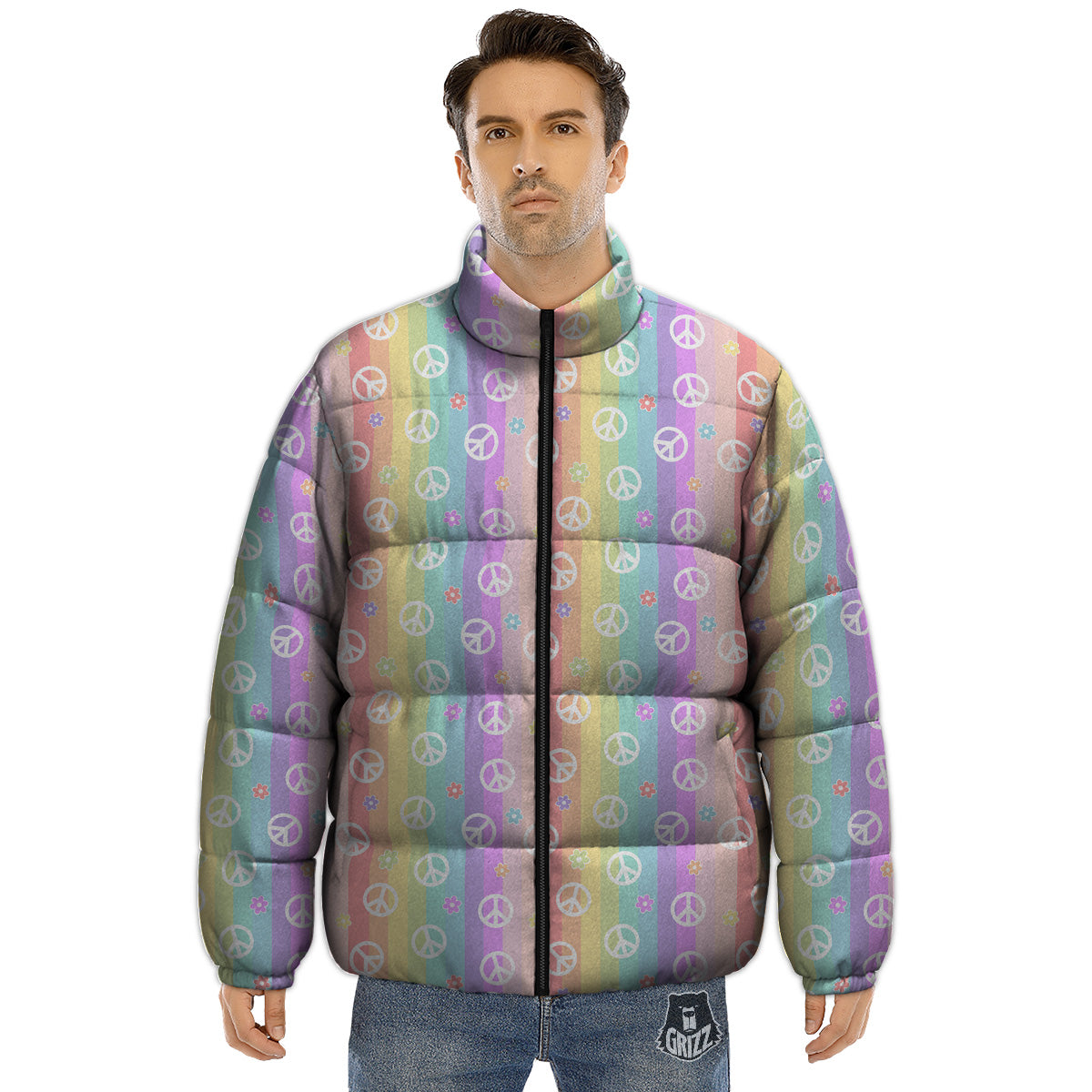 Cute Peace Symbol And Daisy Print Pattern Puffer Jacket-grizzshop