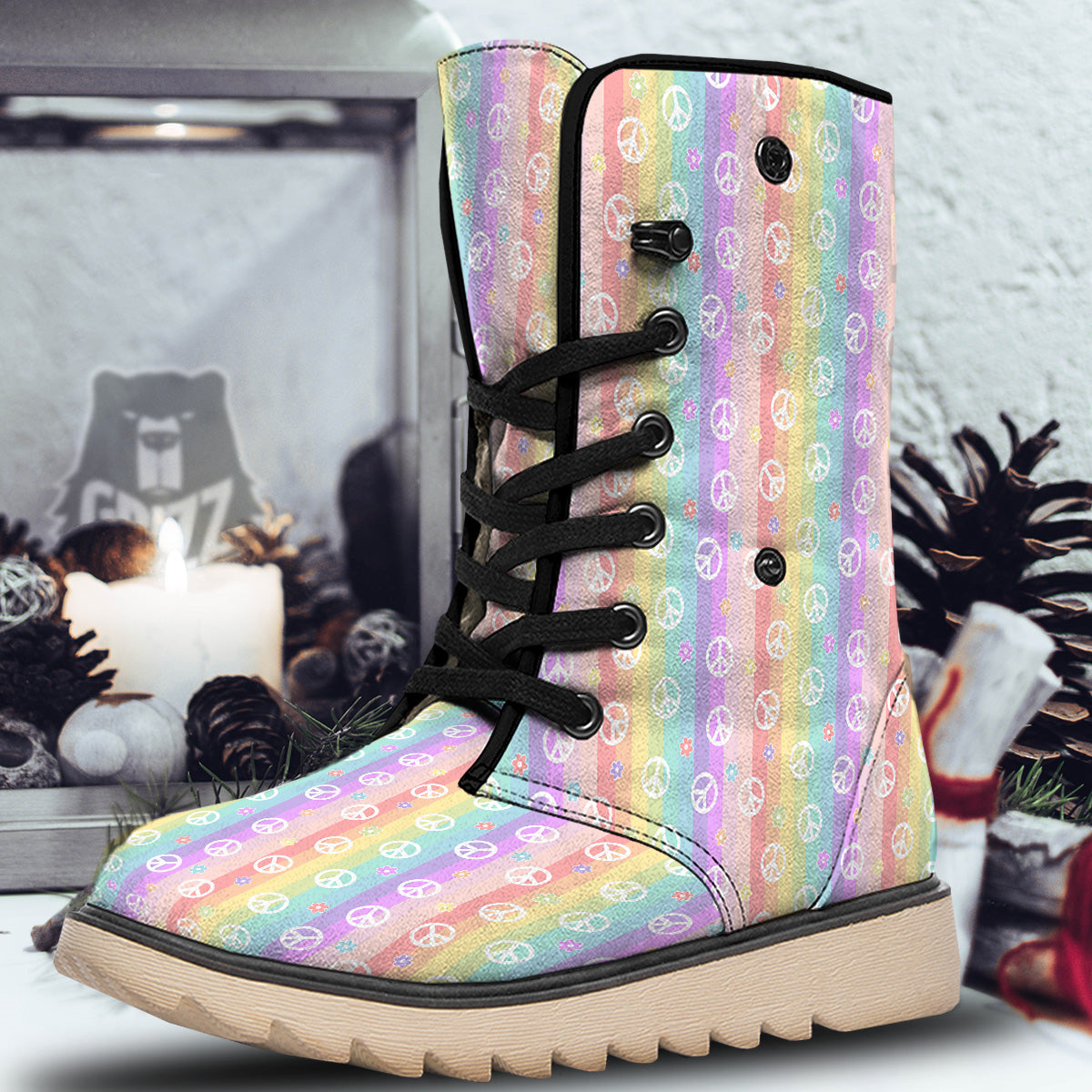 Cute Peace Symbol And Daisy Print Pattern Snow Boots-grizzshop