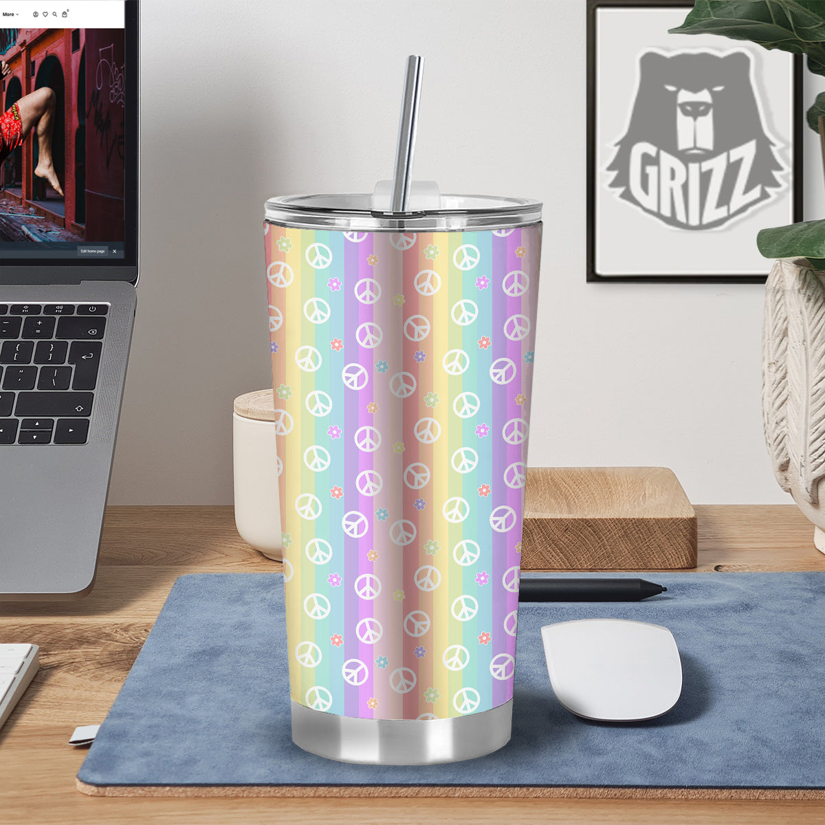 Cute Peace Symbol And Daisy Print Pattern Tumbler-grizzshop
