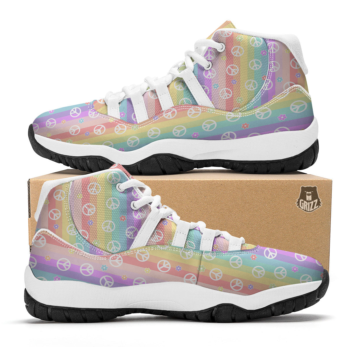 Cute Peace Symbol And Daisy Print Pattern White Bball Shoes-grizzshop