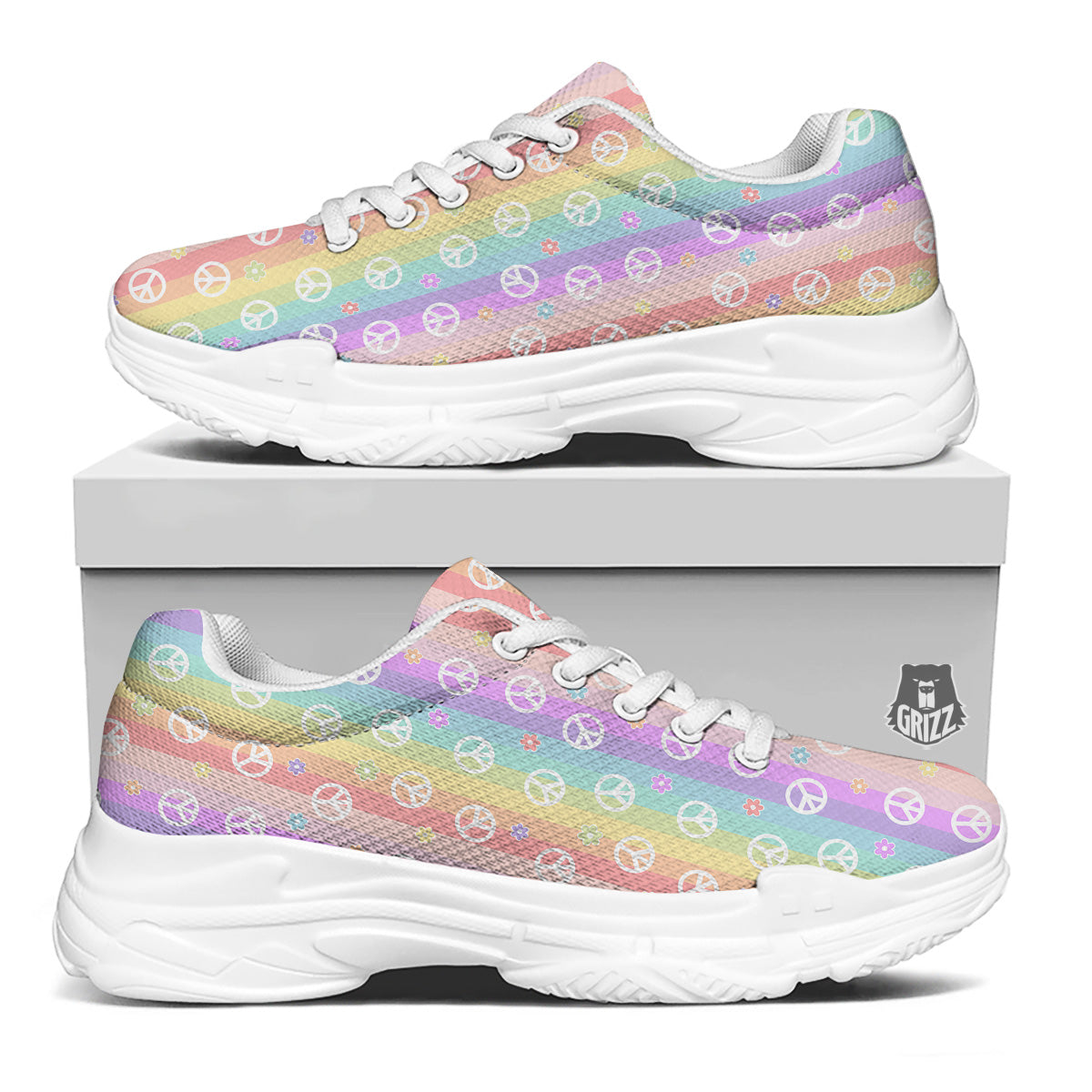 Cute Peace Symbol And Daisy Print Pattern White Chunky Shoes-grizzshop