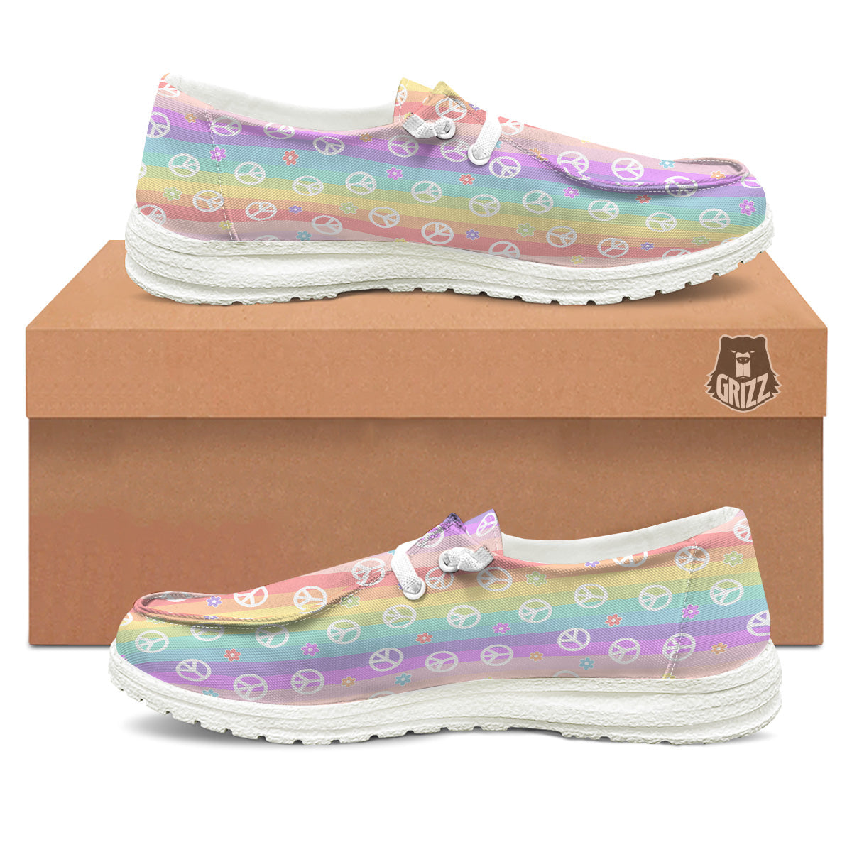Cute Peace Symbol And Daisy Print Pattern White Loafers-grizzshop