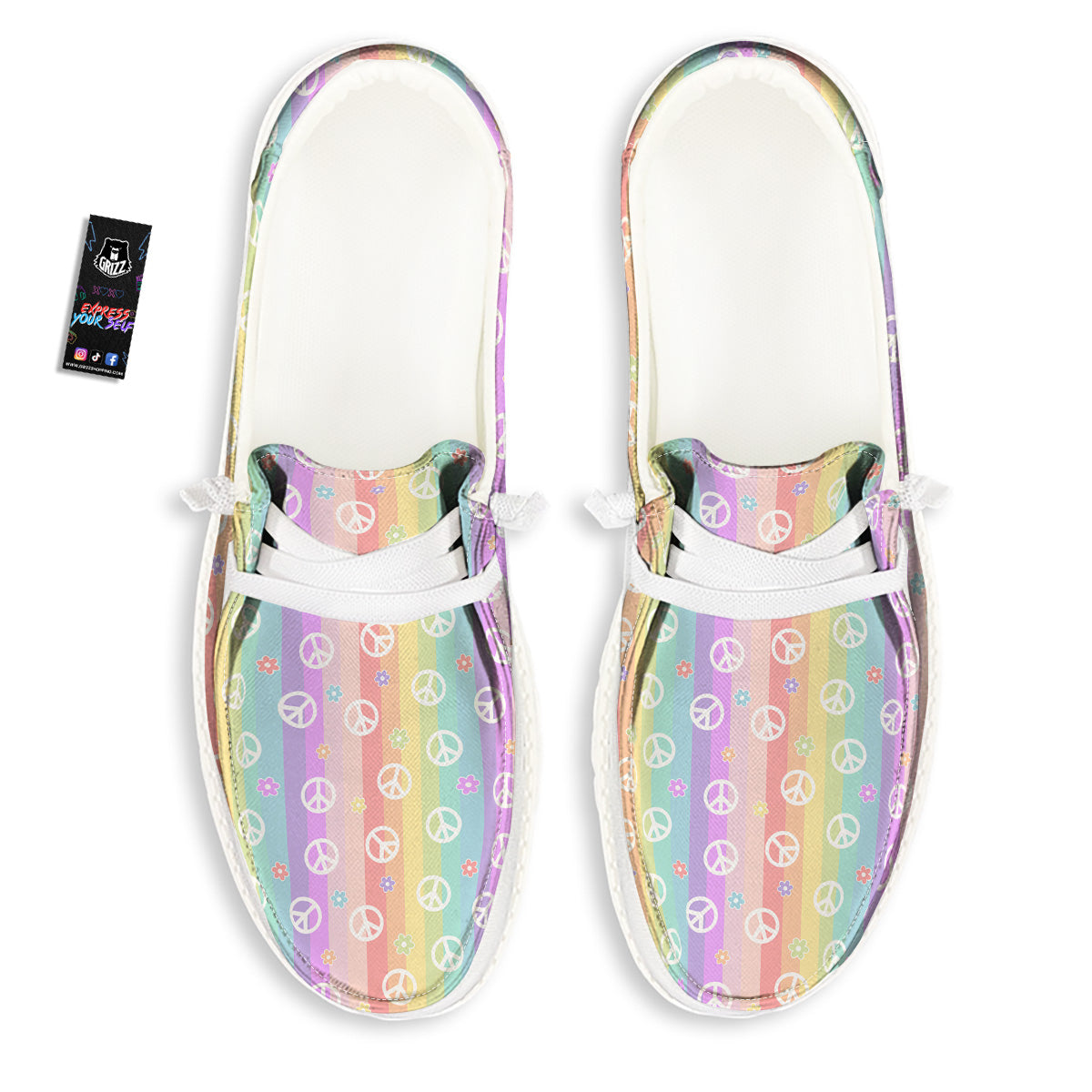 Cute Peace Symbol And Daisy Print Pattern White Loafers-grizzshop