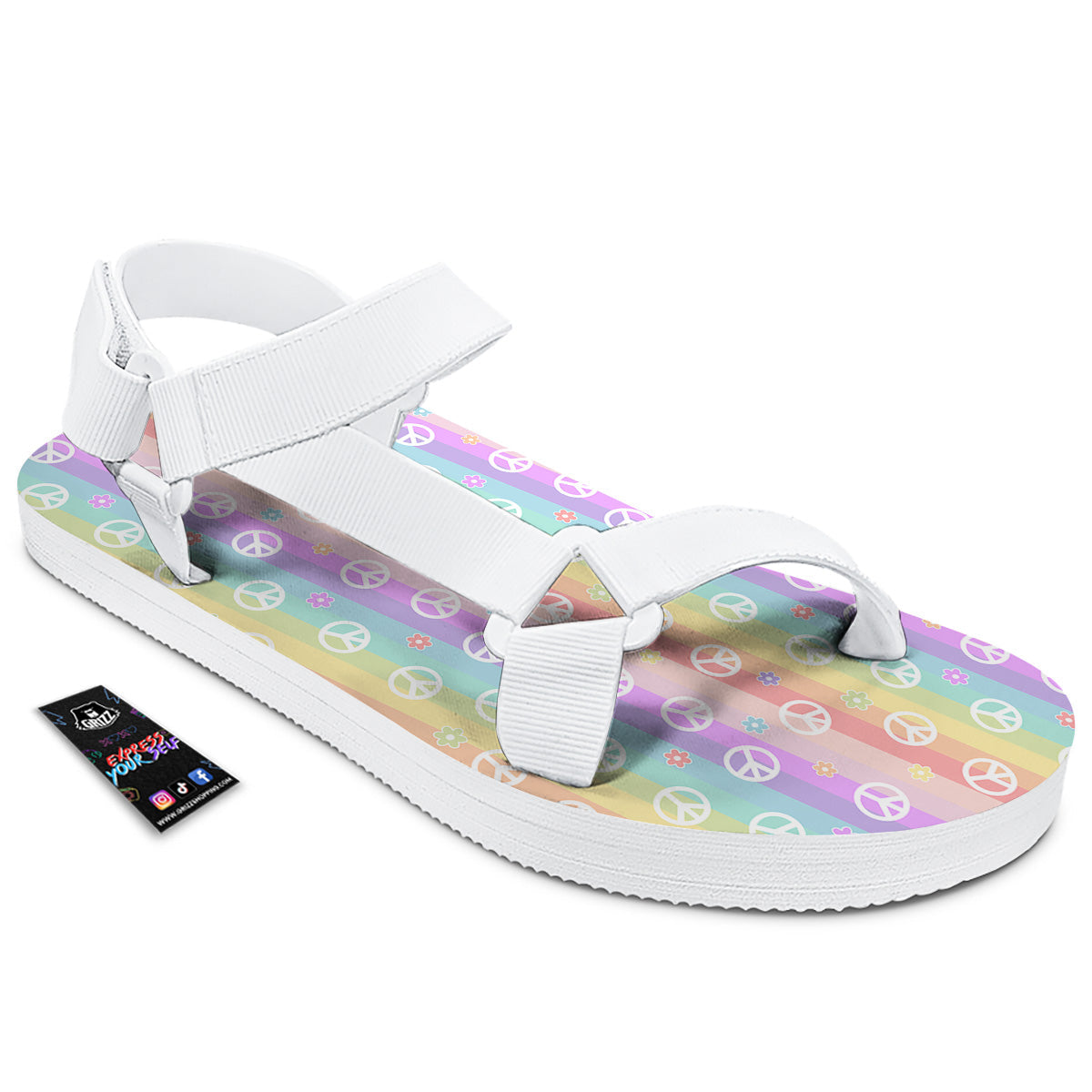 Cute Peace Symbol And Daisy Print Pattern White Open Toe Sandals-grizzshop