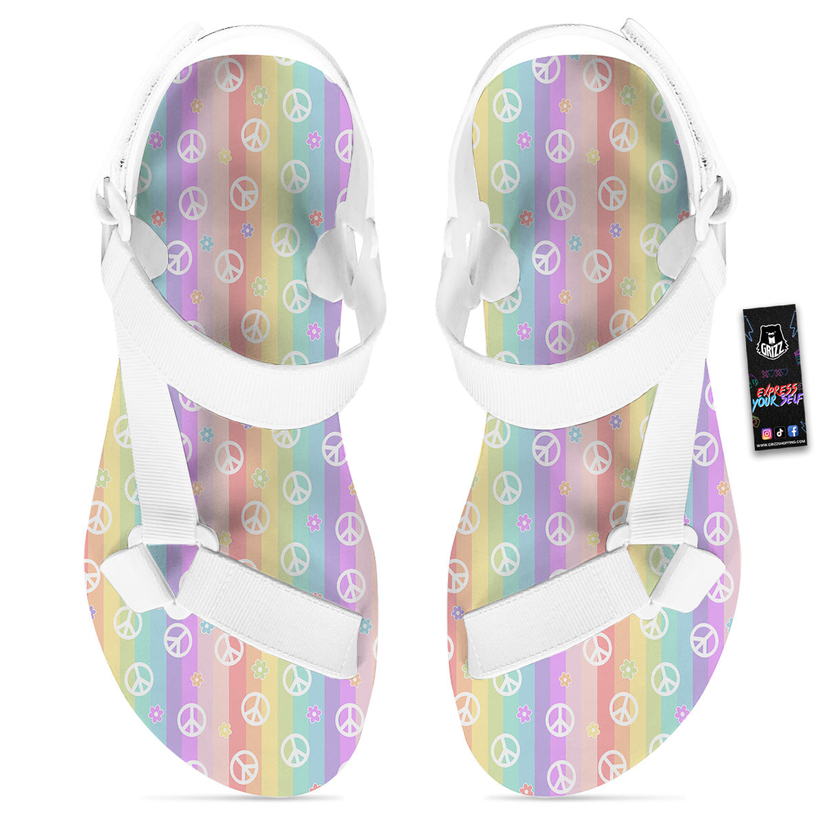 Cute Peace Symbol And Daisy Print Pattern White Open Toe Sandals-grizzshop