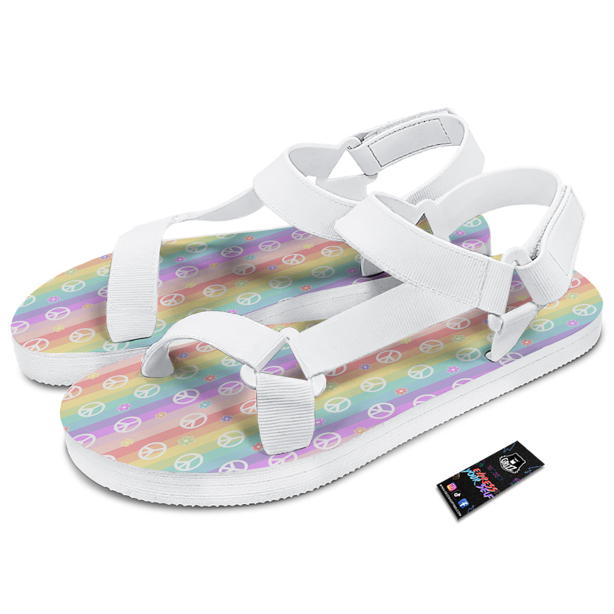 Cute Peace Symbol And Daisy Print Pattern White Open Toe Sandals-grizzshop