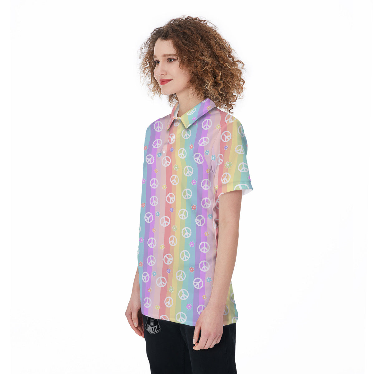 Cute Peace Symbol And Daisy Print Pattern Women's Golf Shirts-grizzshop