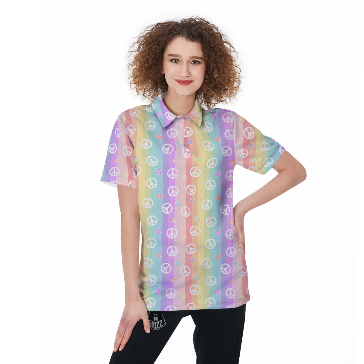 Cute Peace Symbol And Daisy Print Pattern Women's Golf Shirts-grizzshop