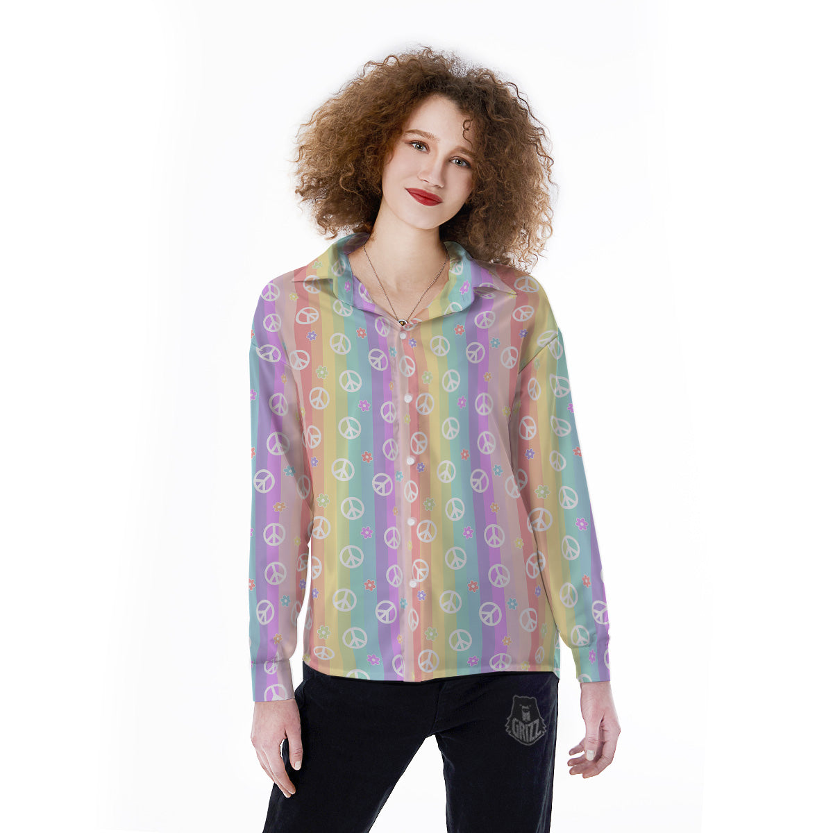 Cute Peace Symbol And Daisy Print Pattern Women's Long Sleeve Shirts-grizzshop