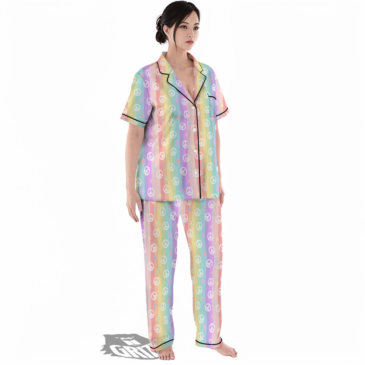 Cute Peace Symbol And Daisy Print Pattern Women's Pajamas Set-grizzshop