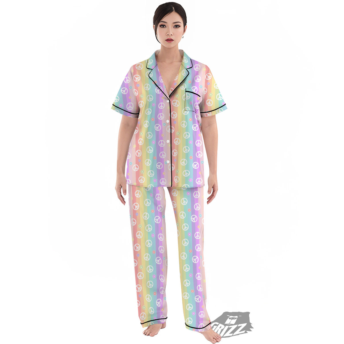 Cute Peace Symbol And Daisy Print Pattern Women's Pajamas Set-grizzshop