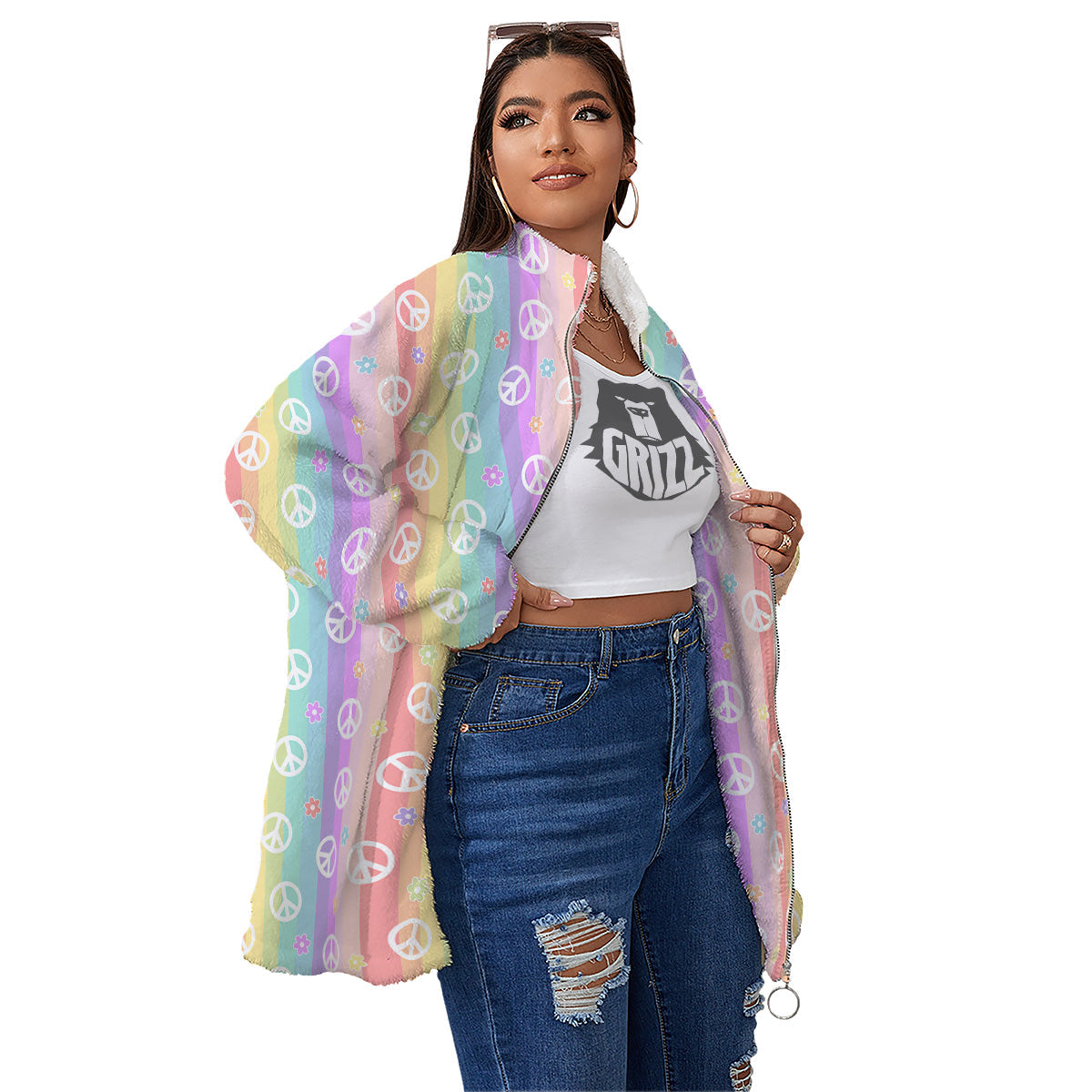 Cute Peace Symbol And Daisy Print Pattern Women's Sherpa Jacket-grizzshop