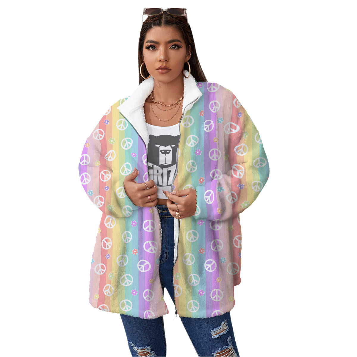 Cute Peace Symbol And Daisy Print Pattern Women's Sherpa Jacket-grizzshop