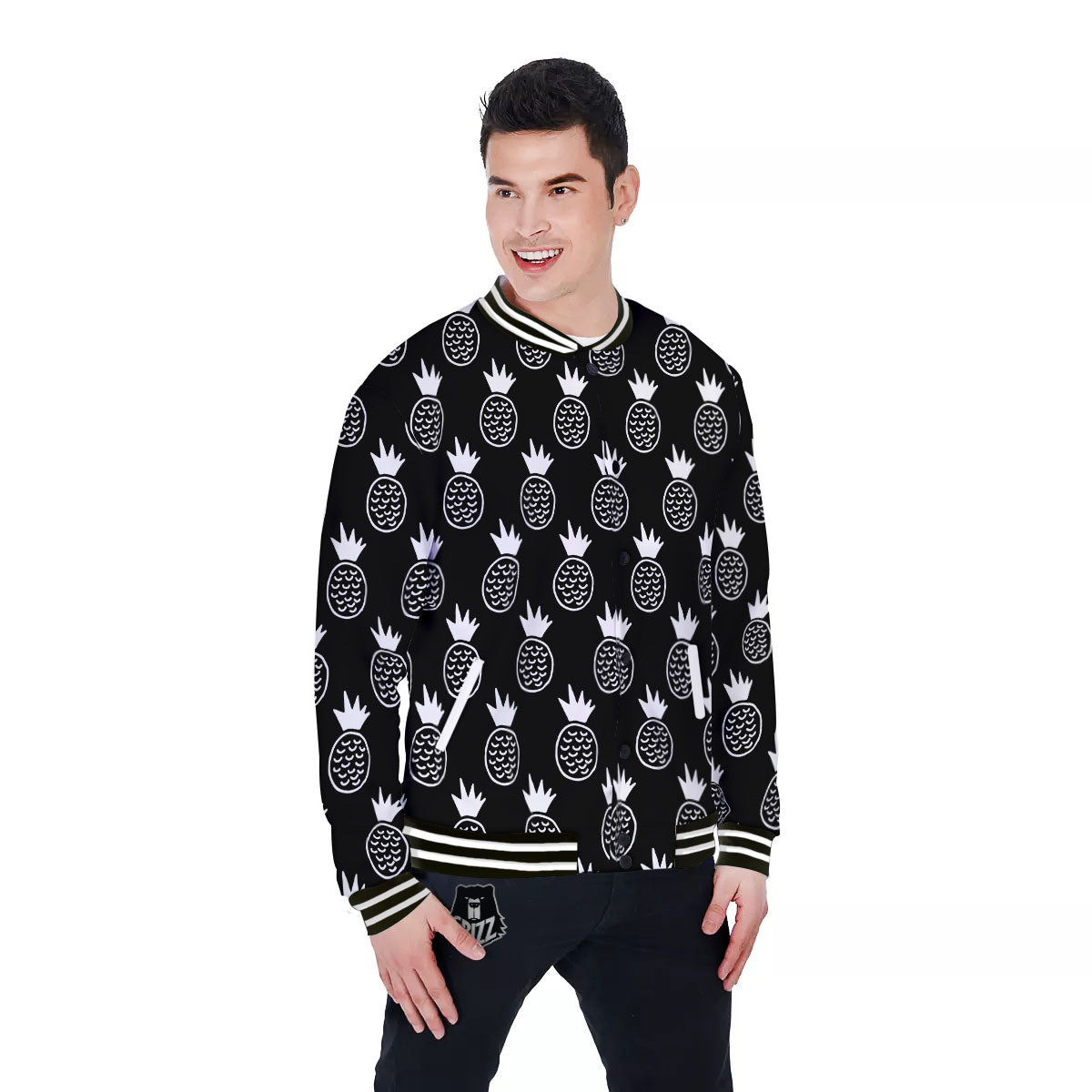 Cute Pineapple Black Print Pattern Baseball Jacket-grizzshop