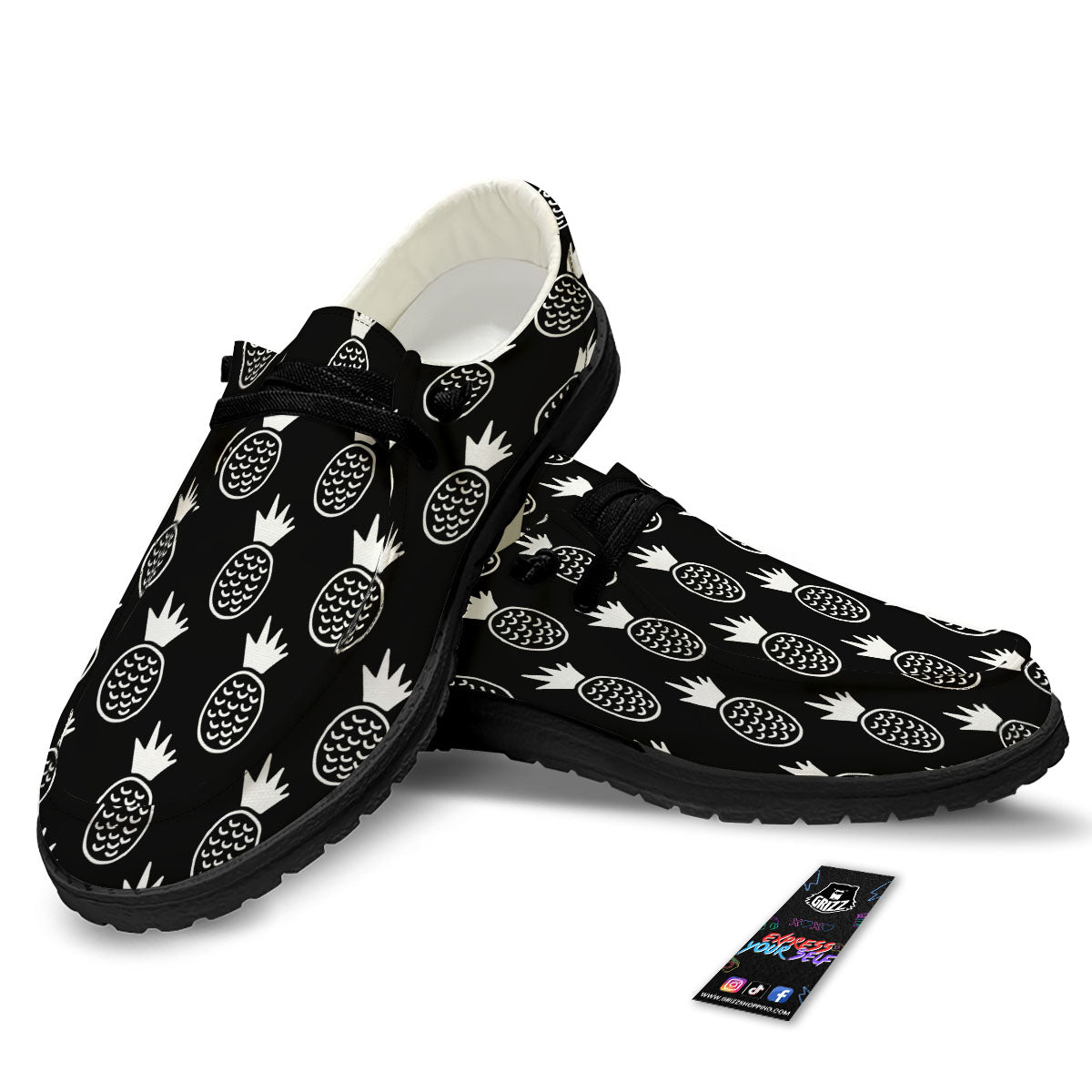 Cute Pineapple Black Print Pattern Black Loafers-grizzshop