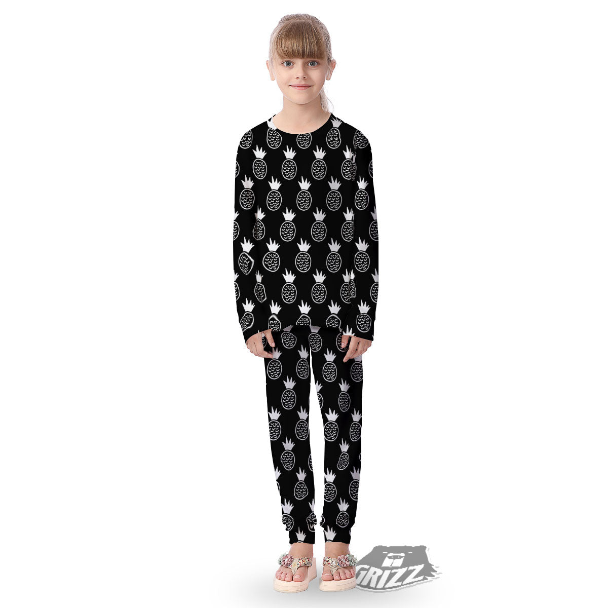 Cute Pineapple Black Print Pattern Kid's Pajamas-grizzshop