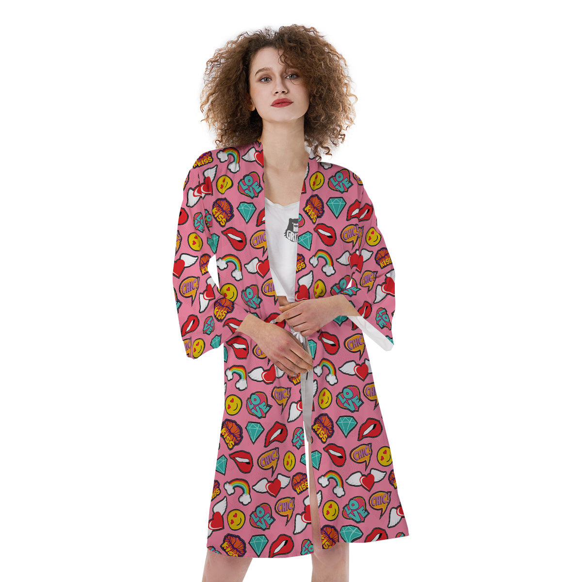 Cute Pink Girl In Pop Art Style Print Pattern Kimono-grizzshop