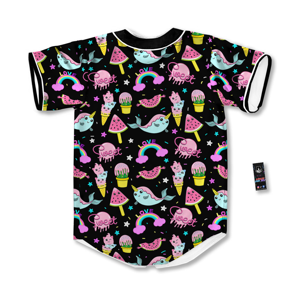 Cute Pink Ice Cream Narwhal Rainbow Print Pattern Baseball Jersey-grizzshop