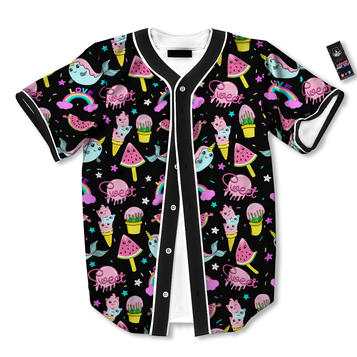 Cute Pink Ice Cream Narwhal Rainbow Print Pattern Baseball Jersey-grizzshop