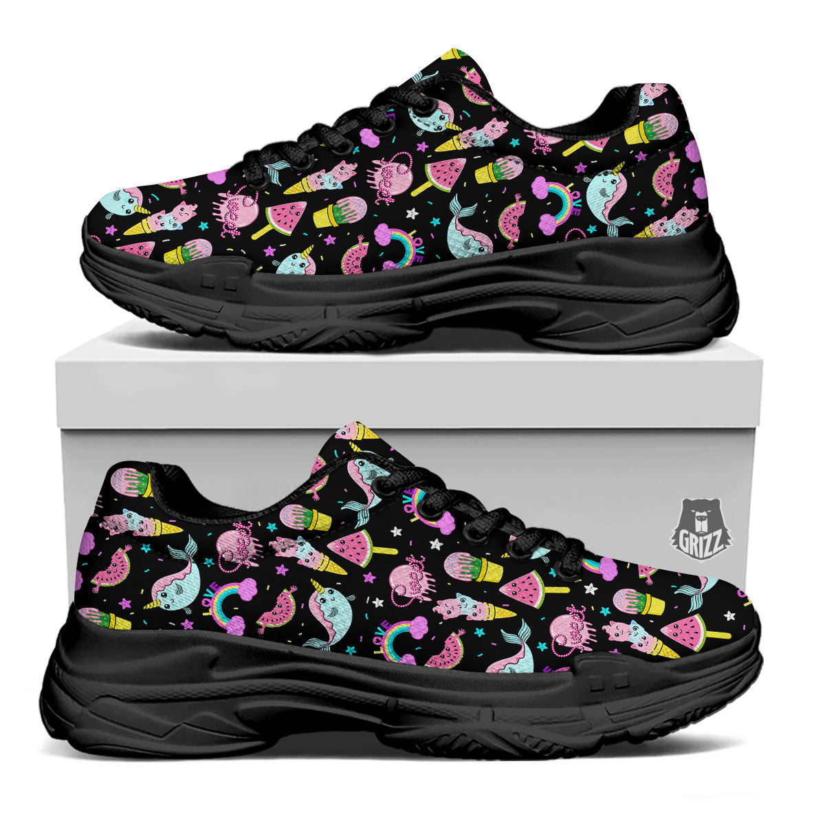 Cute Pink Ice Cream Narwhal Rainbow Print Pattern Black Chunky Shoes-grizzshop