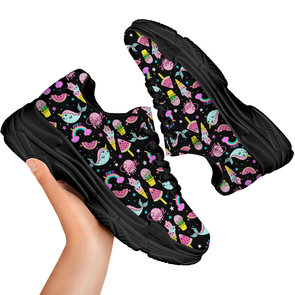Cute Pink Ice Cream Narwhal Rainbow Print Pattern Black Chunky Shoes-grizzshop