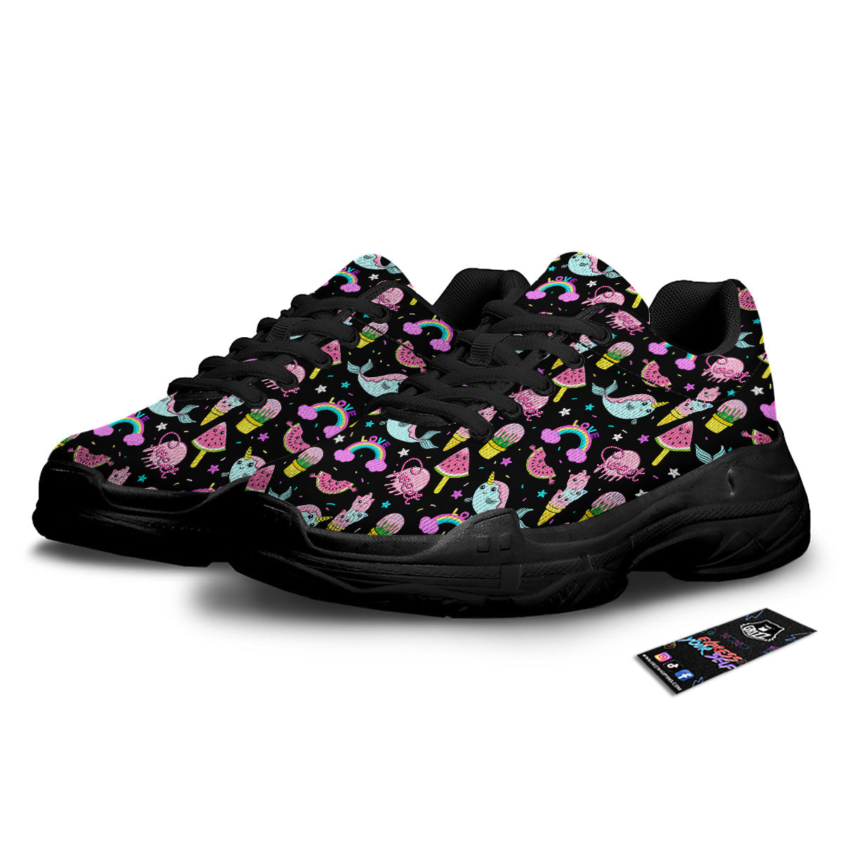 Cute Pink Ice Cream Narwhal Rainbow Print Pattern Black Chunky Shoes-grizzshop