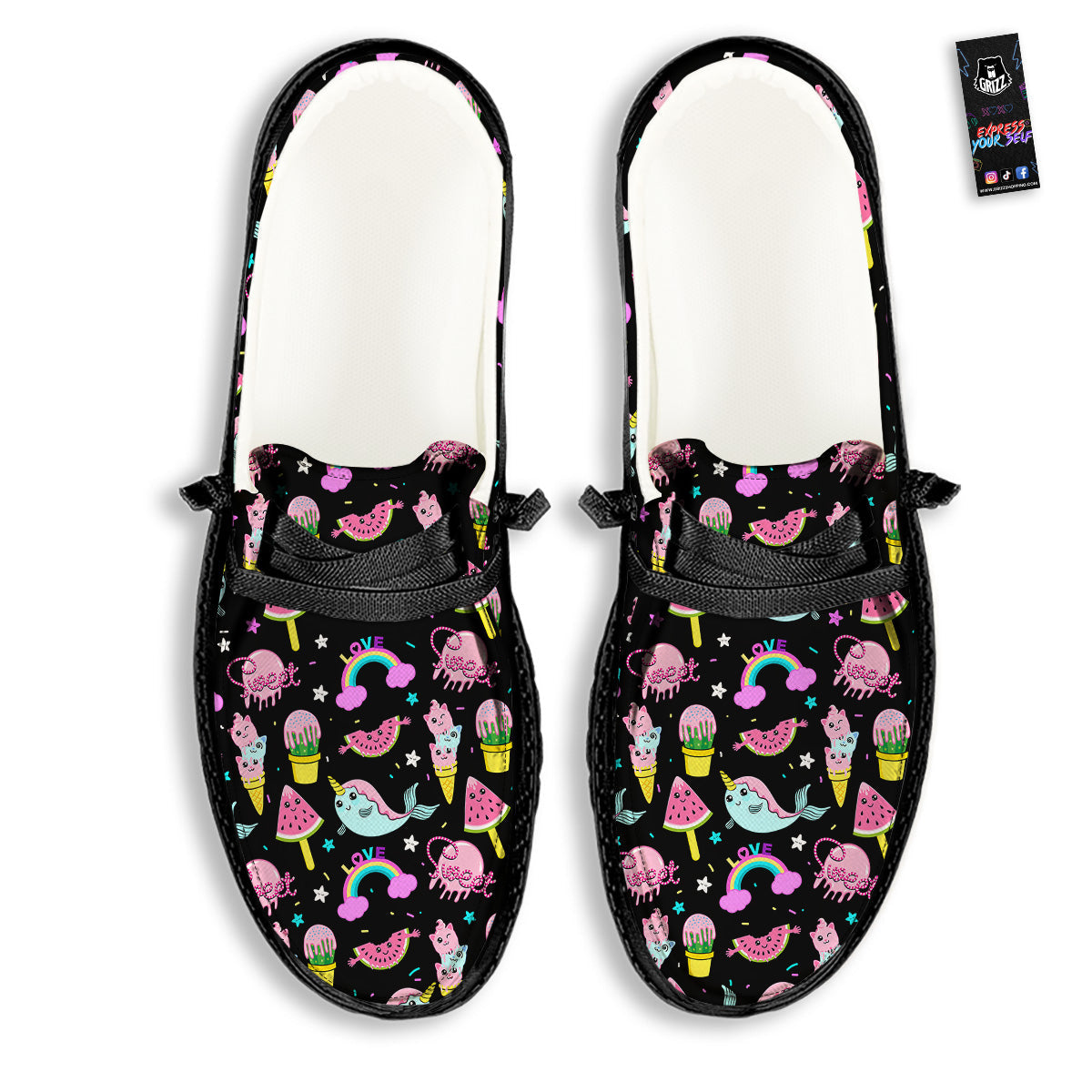 Cute Pink Ice Cream Narwhal Rainbow Print Pattern Black Loafers-grizzshop