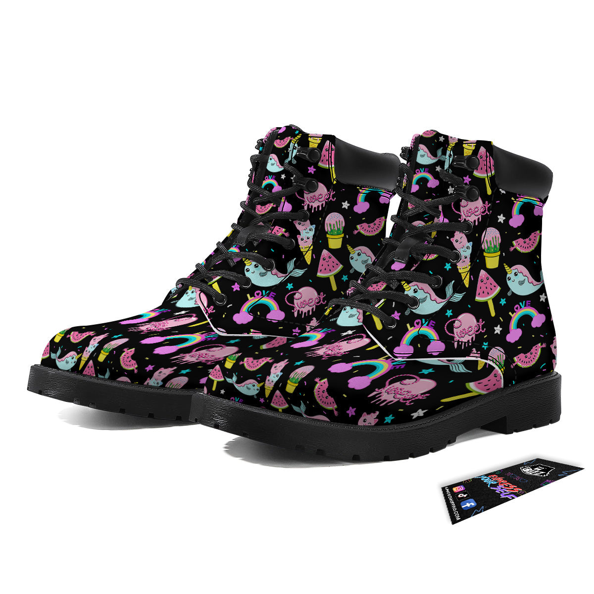 Cute Pink Ice Cream Narwhal Rainbow Print Pattern Boots-grizzshop
