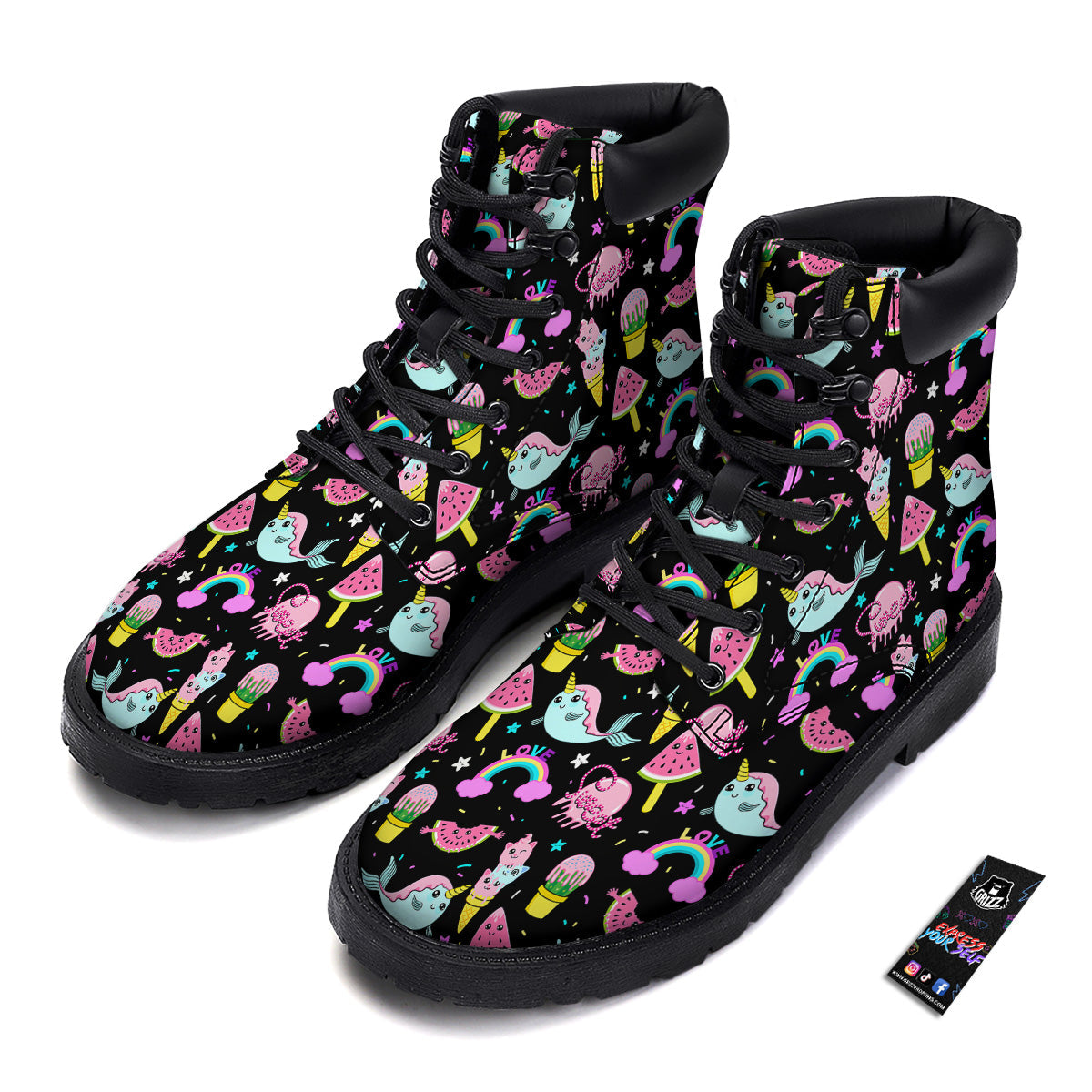 Cute Pink Ice Cream Narwhal Rainbow Print Pattern Boots-grizzshop