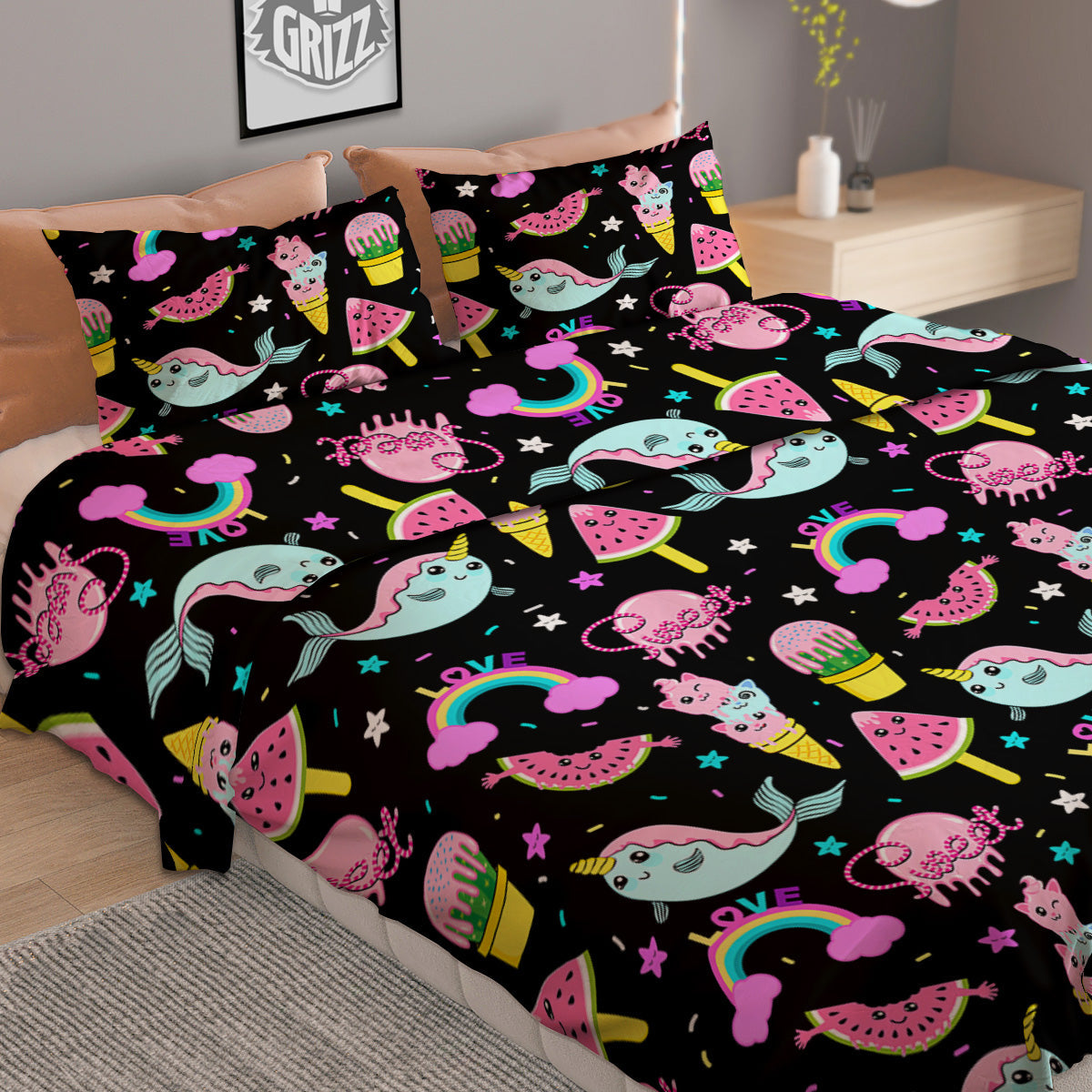Cute Pink Ice Cream Narwhal Rainbow Print Pattern Duvet Cover Bedding Set