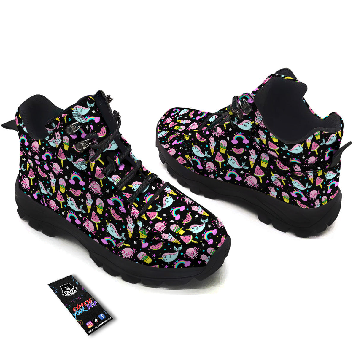 Cute Pink Ice Cream Narwhal Rainbow Print Pattern Hiking Shoes-grizzshop