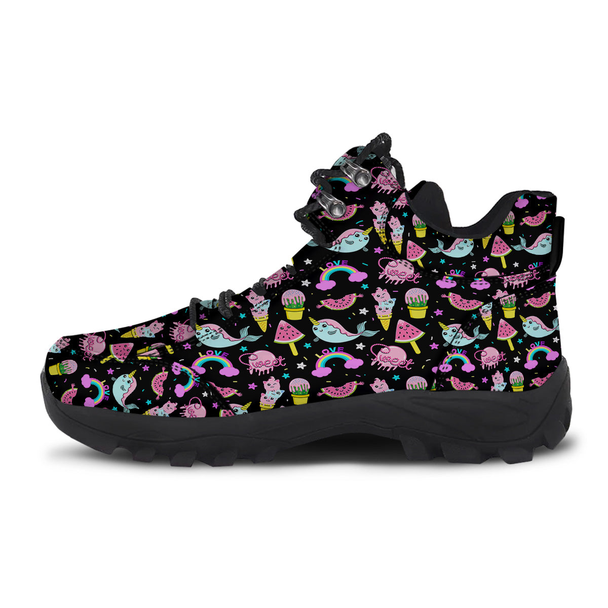 Cute Pink Ice Cream Narwhal Rainbow Print Pattern Hiking Shoes-grizzshop