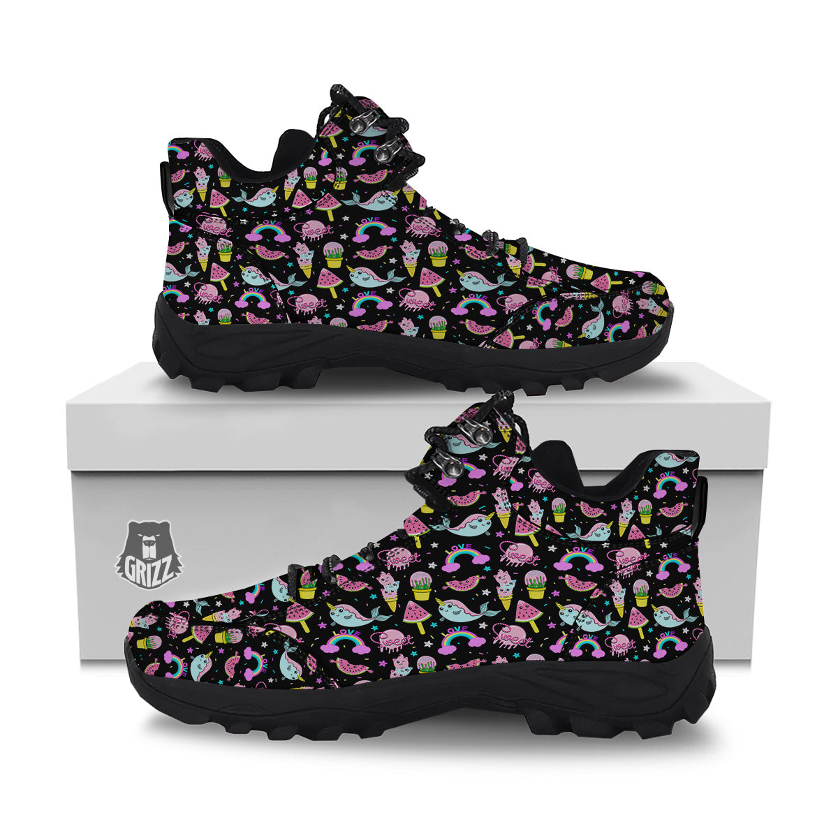 Cute Pink Ice Cream Narwhal Rainbow Print Pattern Hiking Shoes-grizzshop
