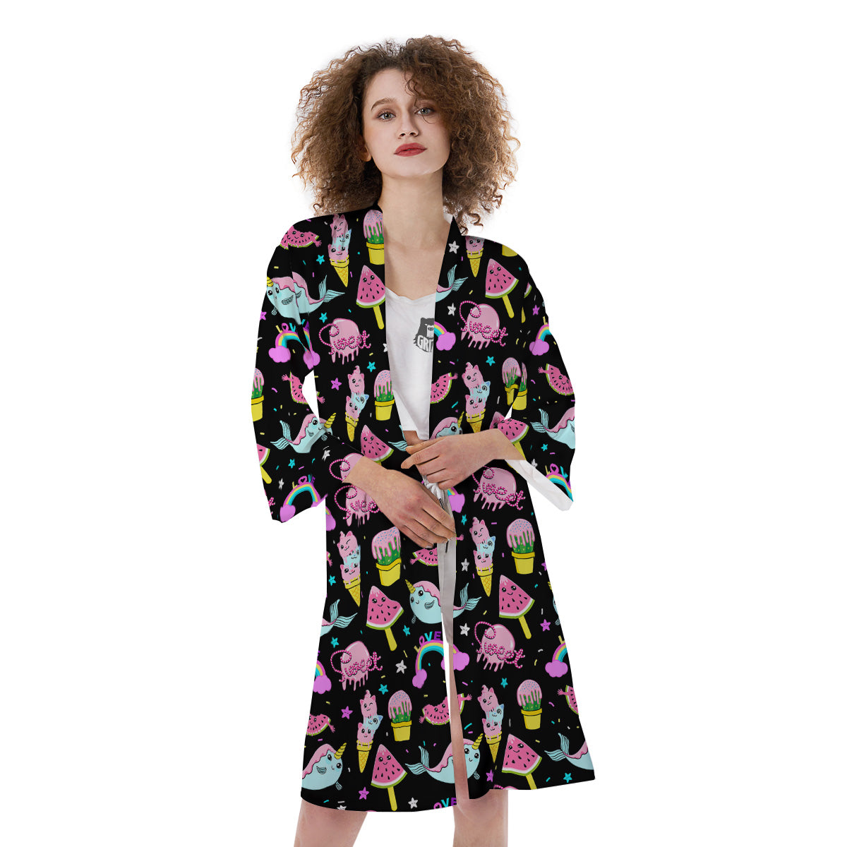 Cute Pink Ice Cream Narwhal Rainbow Print Pattern Kimono-grizzshop