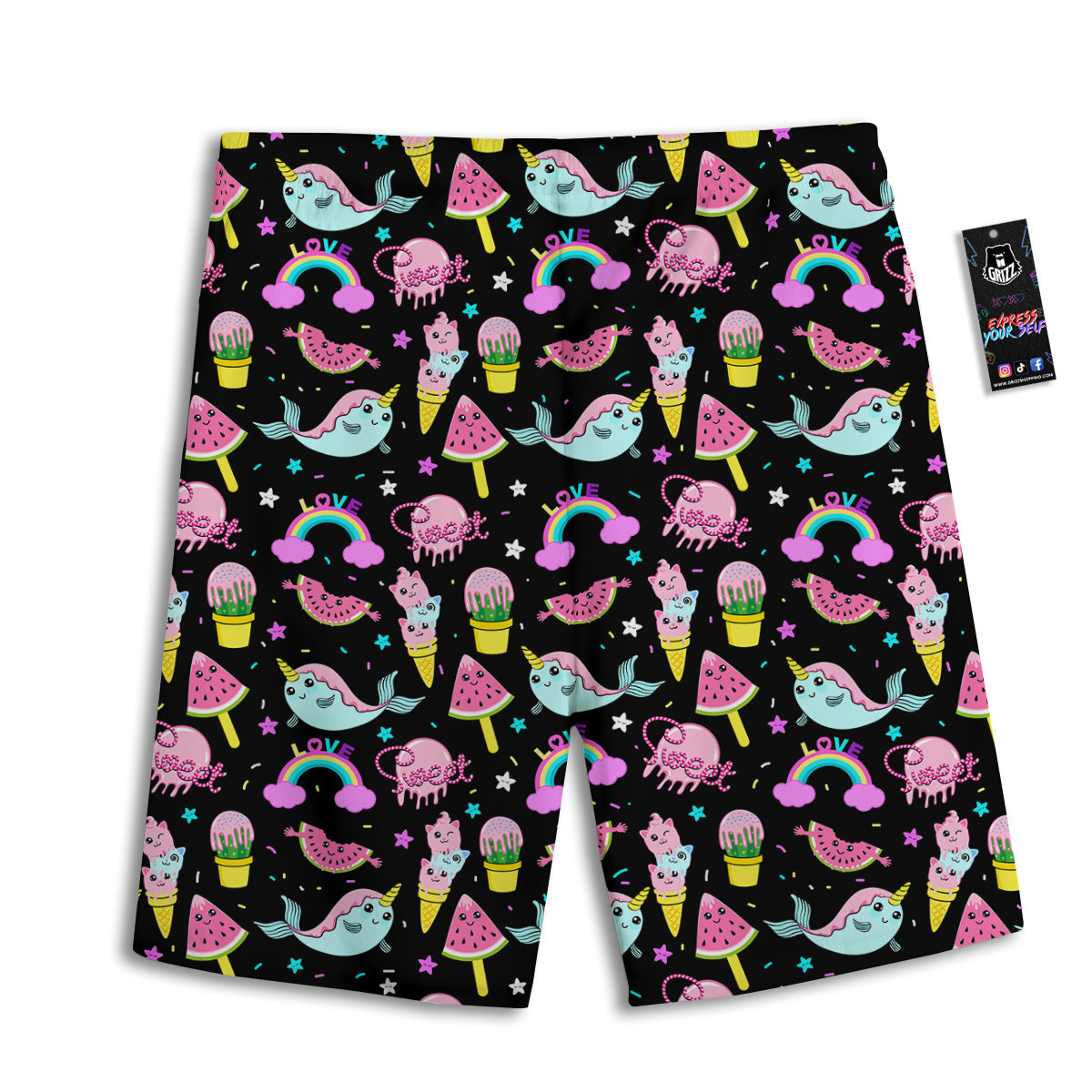 Cute Pink Ice Cream Narwhal Rainbow Print Pattern Men's Athletic Shorts