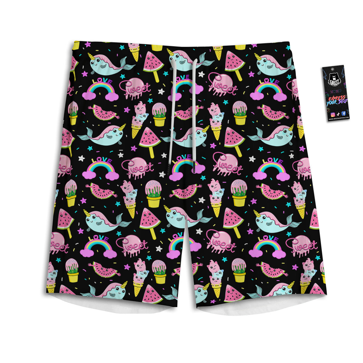 Cute Pink Ice Cream Narwhal Rainbow Print Pattern Men's Athletic Shorts