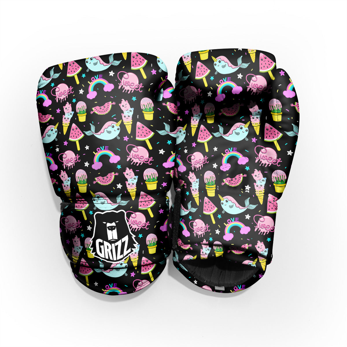 Cute Pink Ice Cream Narwhal Rainbow Print Pattern Pro Boxing Glove