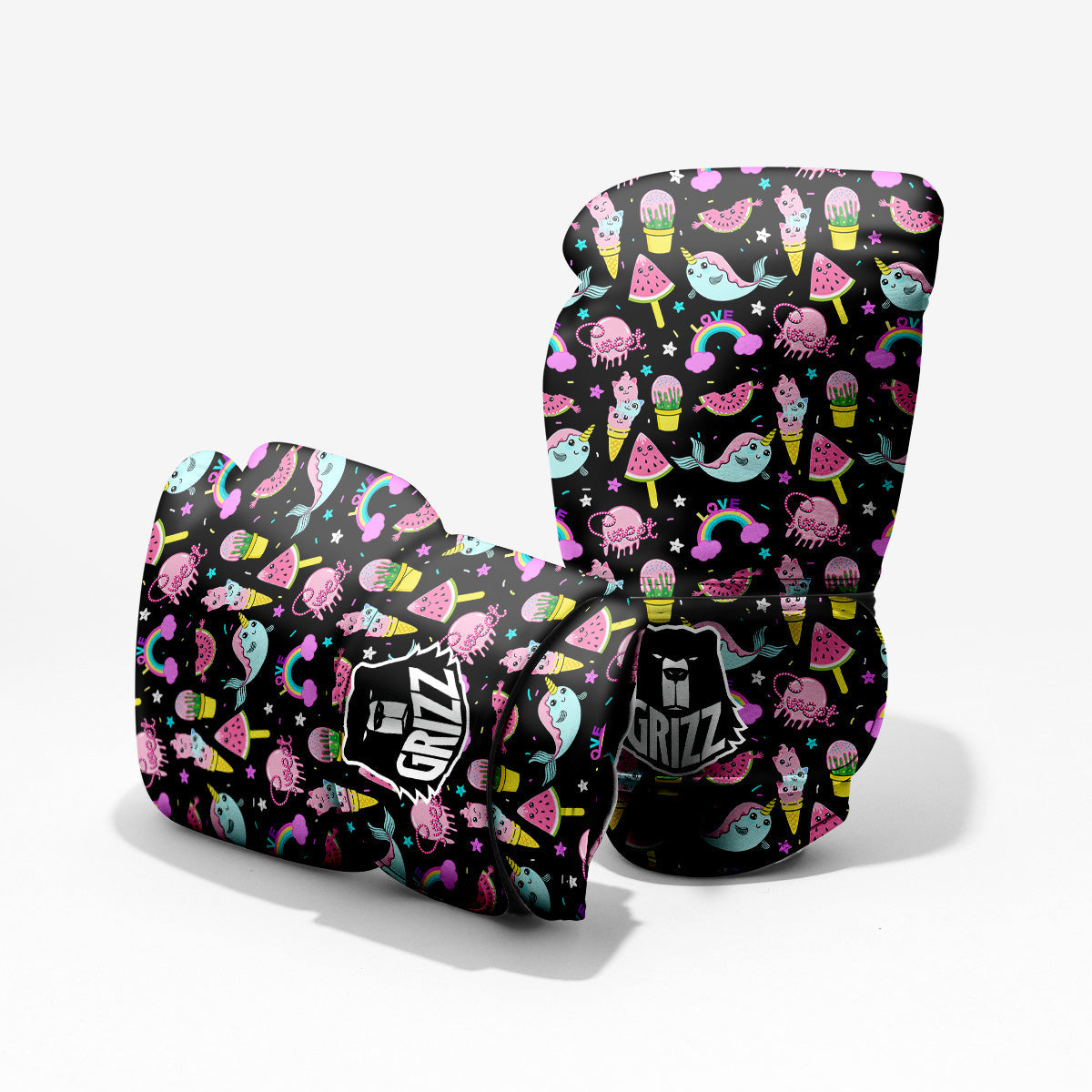 Cute Pink Ice Cream Narwhal Rainbow Print Pattern Pro Boxing Glove