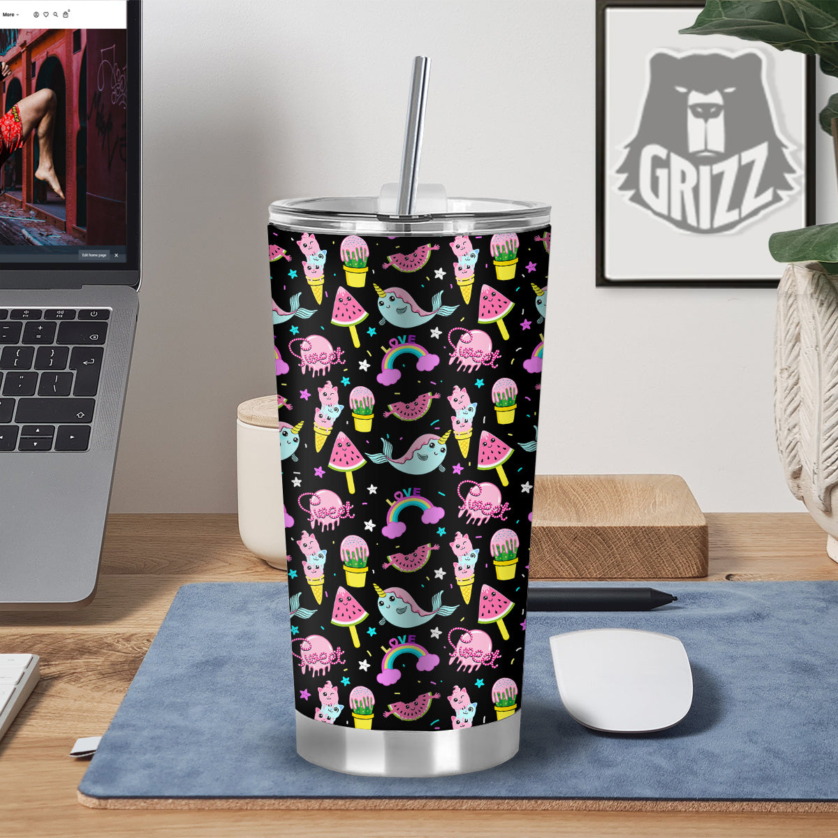 Cute Pink Ice Cream Narwhal Rainbow Print Pattern Tumbler-grizzshop