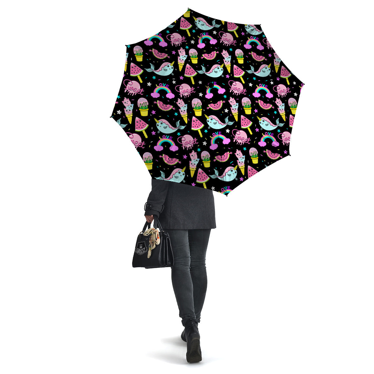 Cute Pink Ice Cream Narwhal Rainbow Print Pattern Umbrella-grizzshop