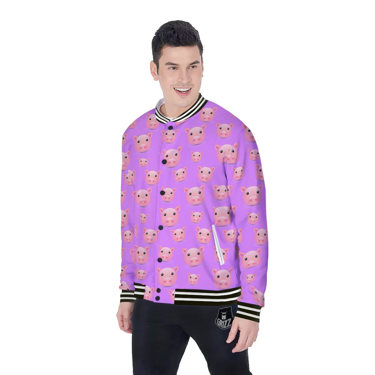 Cute Pink Pig Face Emoji Print Pattern Baseball Jacket-grizzshop