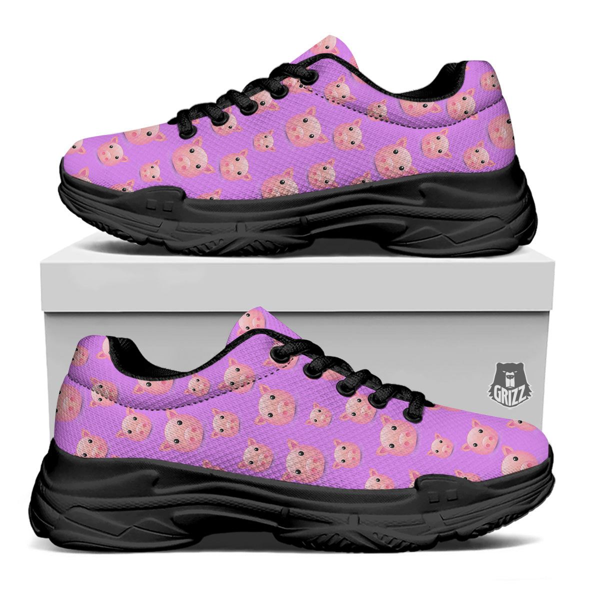 Cute Pink Pig Face Emoji Print Pattern Black Chunky Shoes-grizzshop