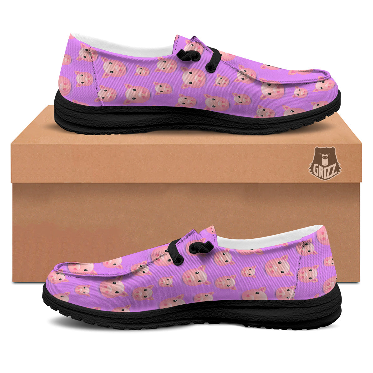 Cute Pink Pig Face Emoji Print Pattern Black Loafers-grizzshop