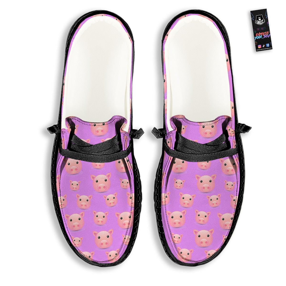 Cute Pink Pig Face Emoji Print Pattern Black Loafers-grizzshop