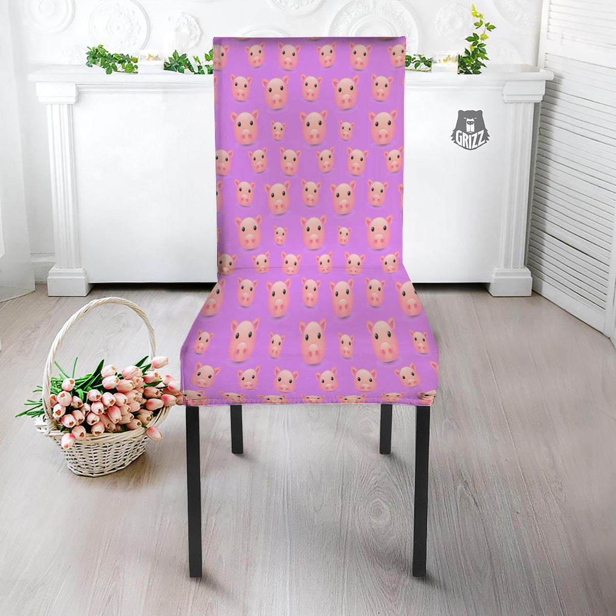 Cute Pink Pig Face Emoji Print Pattern Dining Chair Slipcover-grizzshop